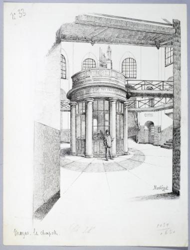 Dessin de la chapelle de la prison Mazas, aujourd'hui disparue, par le dessinateur Louis Montégut